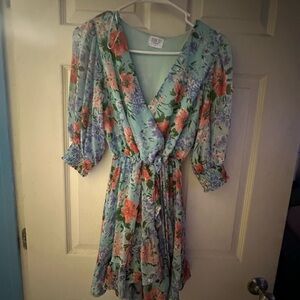 Sienna Sky Floral Mini Dress - Teal and Coral